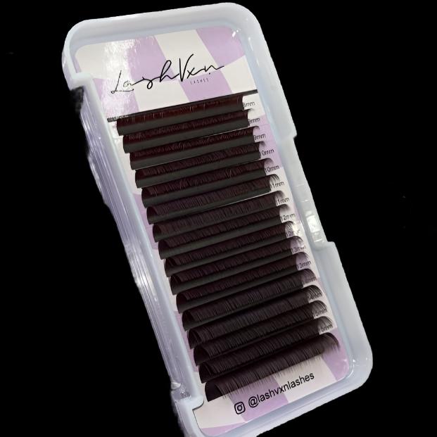 Tray of Professional false cocoa colored Lash extensions.